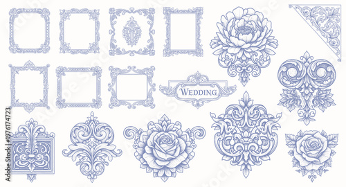 Collection of vintage decorative elements, borders, and corners on light background.