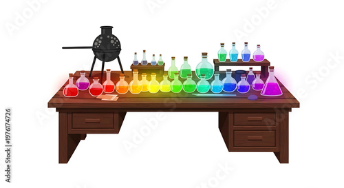 A colorful illustration of a wooden laboratory table with various beakers and flasks filled with vibrant liquids and a black cauldron.