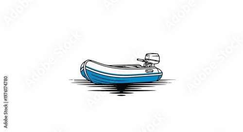 A blue and white inflatable boat with an outboard motor floats on stylized water