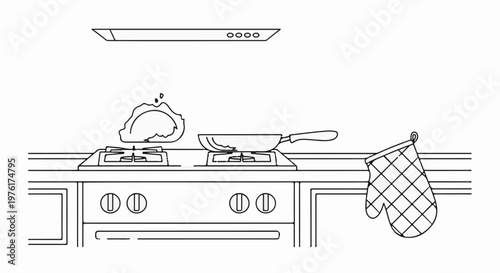 A kitchen scene featuring a stove with a frying pan and food cooking