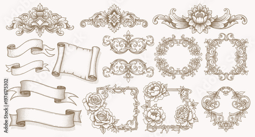 Collection of vintage decorative elements, borders, and corners on light background.