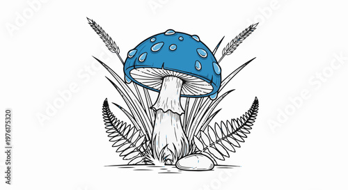 A blue mushroom with water drops on its cap, surrounded by grass and ferns