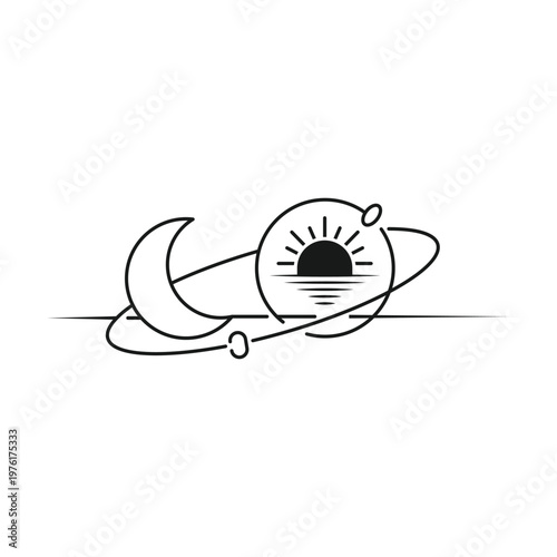 Minimalist Cosmic Line Art Vector with Moon Sun and Orbiting Rings on Horizon
