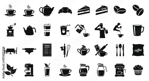 Collection of black and white icons related to coffee and café culture Vector