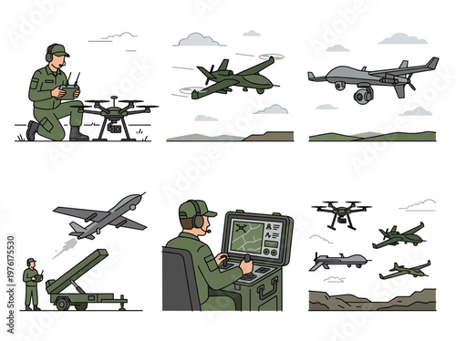 Military drone operation set: UAV surveillance, reconnaissance team activities, and tactical monitoring, flat vector.