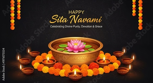 Sita navami celebration with pink lotus in golden bowl and candles