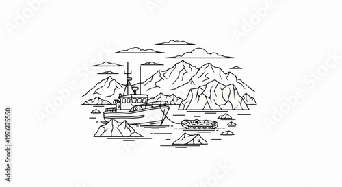 A boat and dinghy navigate icy waters near snow-capped mountains