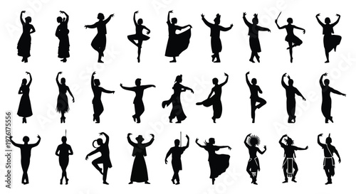 Collection of diverse classical dance poses by silhouetted female figures in flowing attire Vector