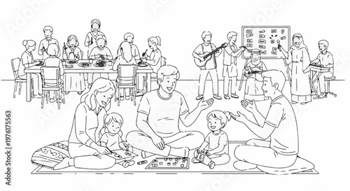 A large group of people enjoying diverse activities together in a lively setting