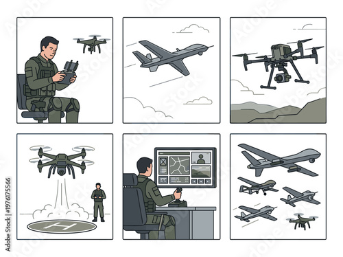 UAV surveillance and drone pilot icons, military silhouettes in flat vector style.