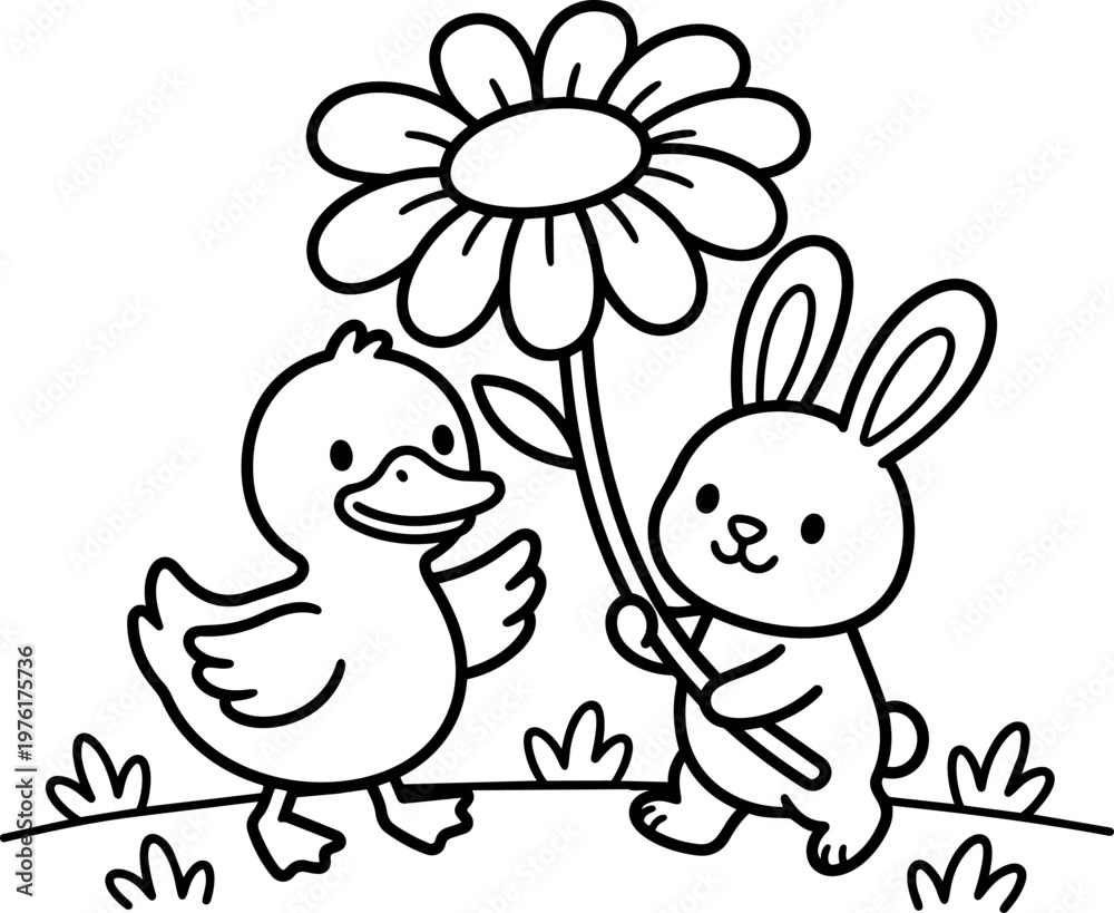 Naklejka premium Cute bunny holding large flower with duck standing on grass line art