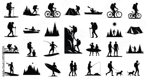 Diverse outdoor activities and adventures illustrated with silhouettes Vector