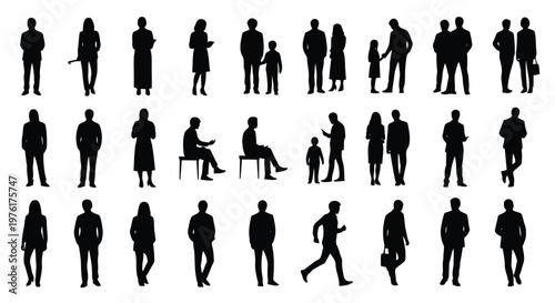 Diverse silhouettes of people in various social and professional interactions Vector
