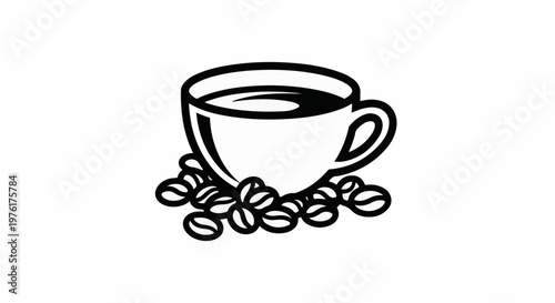 A bold, black and white graphic of a coffee cup with steaming liquid and scattered coffee beans