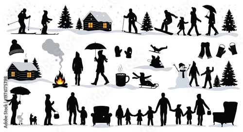 Winter activities and cozy indoor family moments depicted through silhouettes. Vector