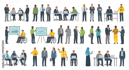 Diverse group of professionals engaging in various workplace activities and presentations Vector