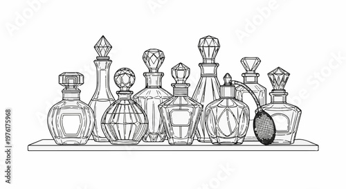 A collection of ornate glass perfume bottles with decorative stoppers