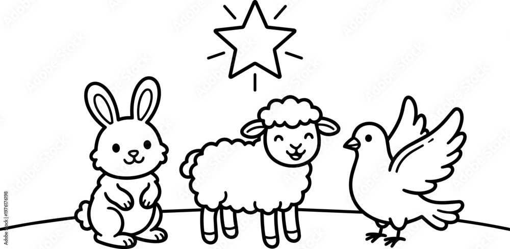 Fototapeta premium Bunny lamb and dove under a shining star