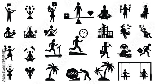 Illustrations depicting various aspects of work-life balance and daily activities Vector