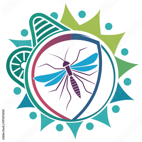 Obraz na płótnie Abstract mosquito shield emblem with geometric sun background for malaria protection and insect repellent marketing campaigns for global health care