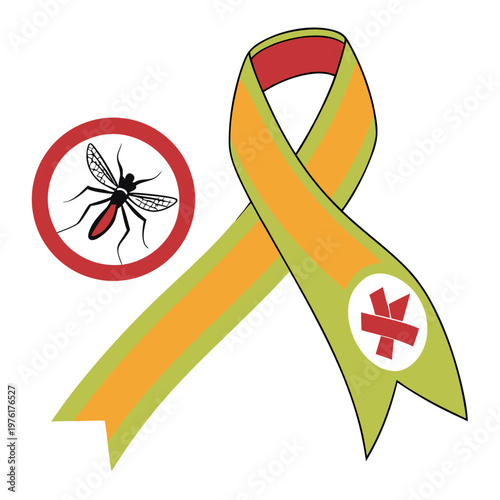 Photos Mosquito malaria prevention symbol with prohibition sign and red cross emblem on awareness ribbon for global health and disease eradication efforts