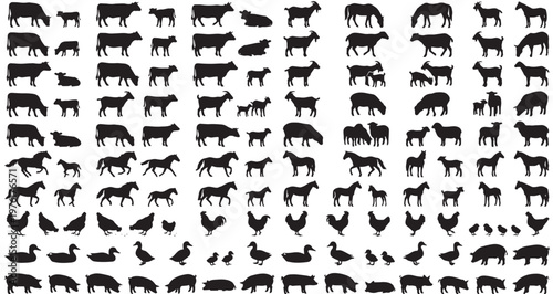 Farm and Domestic Animals Silhouettes Set Pack. Editable Vector Stroke Illustration. featuring animal, farm, livestock, agriculture, domestic, cow, cattle, calf, goat, kid, sheep more silhouettes.