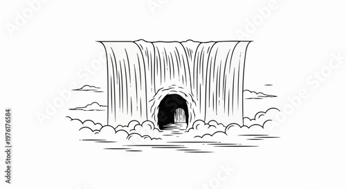 A bold sketch of a waterfall with a dark cave hidden behind the falling water