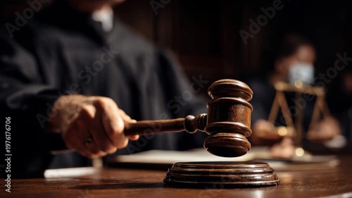Judge striking wooden gavel in courtroom with scales of justice during formal legal proceeding