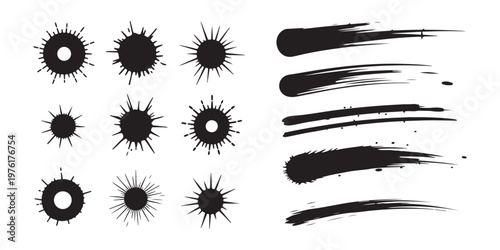Sunburst shapes and speed lines ink brush strokes collection for motion graphics and comic style illustrations.