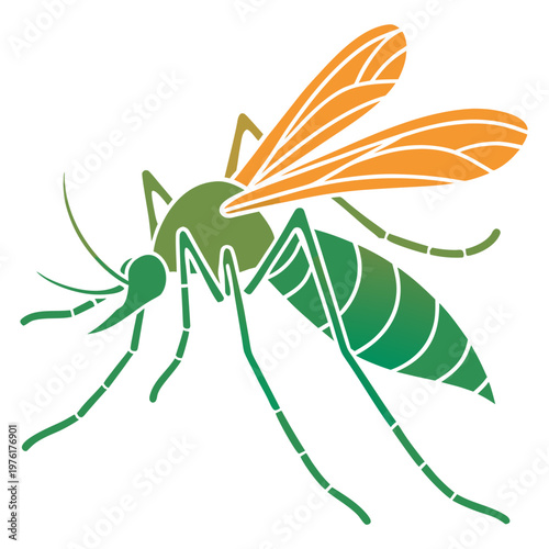 Abstract mosquito illustration with orange wings green body gradient color scheme vector graphic isolated on white background design element.