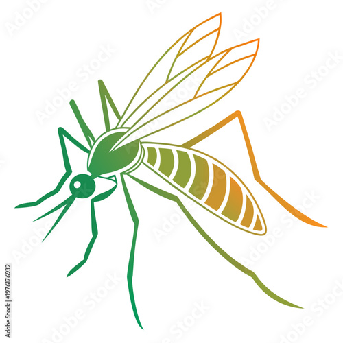Stylized mosquito insect vector, detailed depiction with green and orange gradient, artistic pest control symbol, modern design element, clean line art, nature graphic.