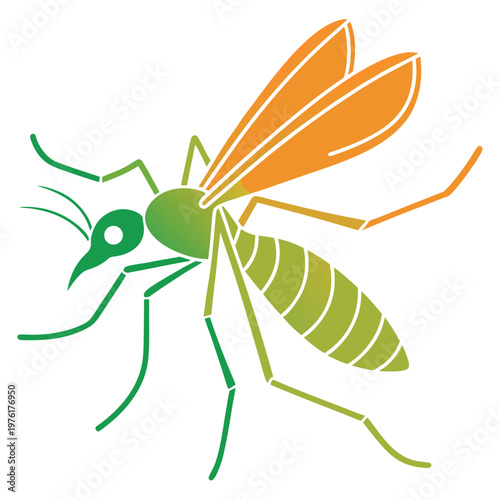 Mosquito insect with green head and abdomen, orange wings, stylized illustration with partial gradient colors and sharp features.