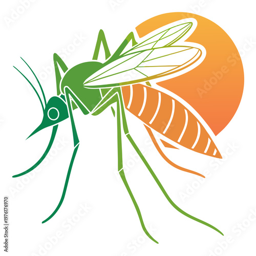 Mosquito insect with green body, orange abdomen and wings, stylized illustration with partial gradient colors and sun background.