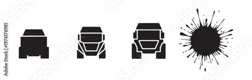 Set of vector truck icons and ink splatter, cargo transport symbol with abstract grunge element.
