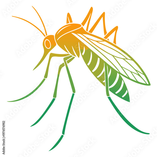 Mosquito insect with orange head, green abdomen and legs, stylized illustration with partial gradient colors and sharp features.