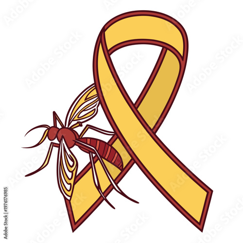 Aedes aegypti mosquito with red body and yellow wings flying on yellow ribbon symbol for dengue and other mosquito-borne diseases awareness.