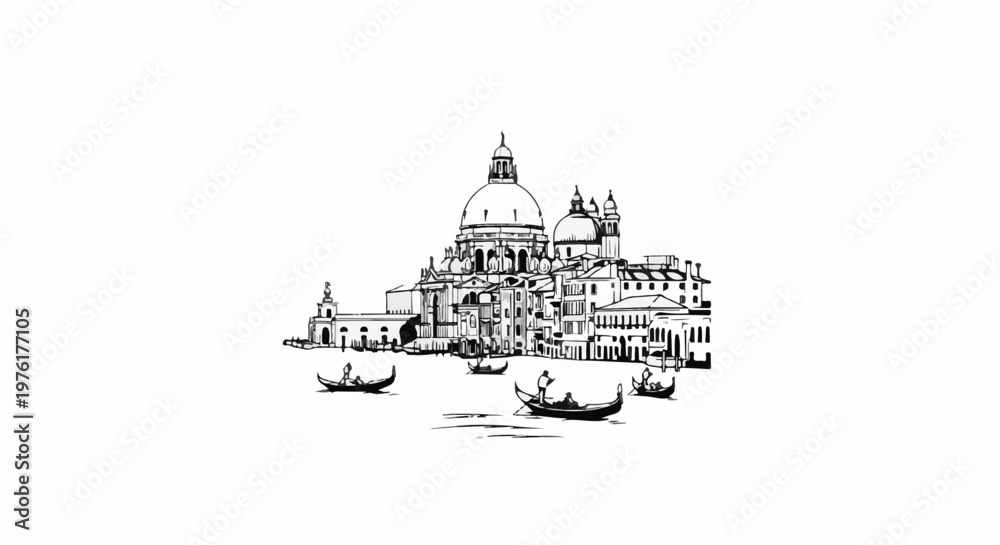 Fototapeta premium Sketch of a grand dome building with gondolas on a canal