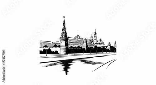 Sketch of a grand citadel with domed towers reflected in a body of water