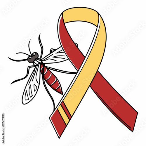 Yellow and red awareness ribbon with mosquito design for infectious disease prevention programs and public health warning materials for global causes.