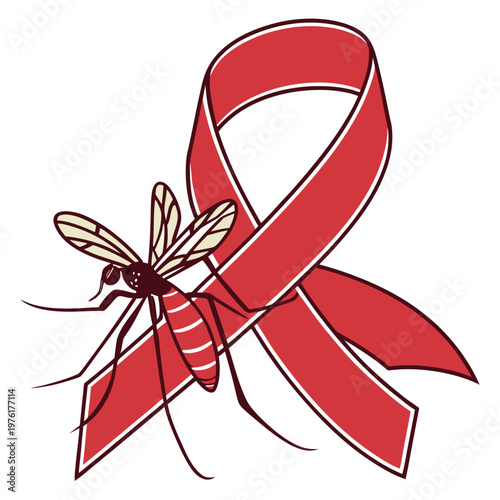 Awareness ribbon and mosquito illustration, symbolizing diseases transmitted by insects like malaria, dengue, or zika virus.