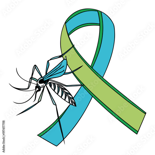 Zika awareness ribbon illustration with mosquito for public health campaigns and disease prevention, highlighting vector control.