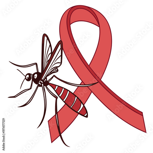 Stylized red ribbon and mosquito icon for disease prevention campaigns focusing on malaria zika and west nile virus public health awareness designs.