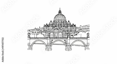 Sketch of a grand domed building with arches and statues spanning a river
