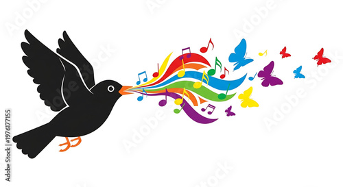 A colorful illustration of a bird singing music with rainbow notes and butterflies