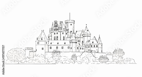 Sketch of a grand, imposing castle with multiple towers and turrets