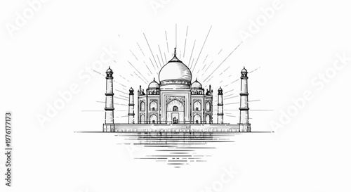 Sketch of a grand mausoleum with radiating lines and reflection