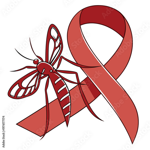 Stylized red mosquito with stripes on a red awareness ribbon, conceptual vector illustration for disease prevention.