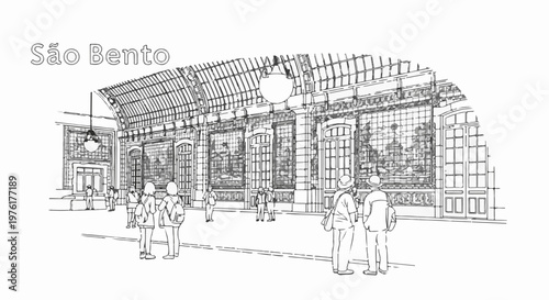 Sketch of a grand interior with arched glass roof and people