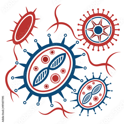 Stylized depiction of diverse microorganisms red and blue bacteria and virus with internal structures and appendages science visualization graphic.