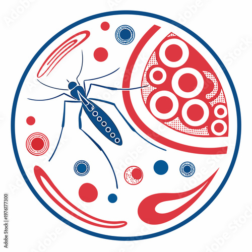 Circular stylized illustration with a mosquito and various red and blue blood cells, representing vector-borne disease, flat vector design.